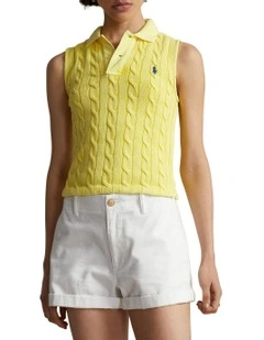 Slim Fit Cable Cropped Polo Shirt in Yellow