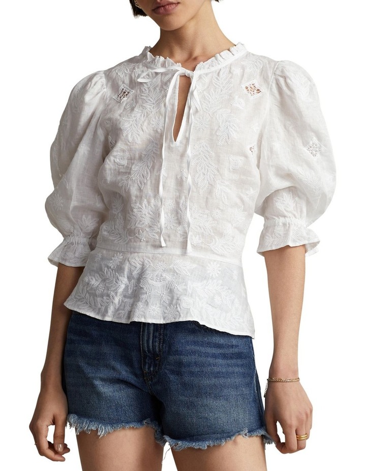 Inset-Lace Linen Peplum Blouse in