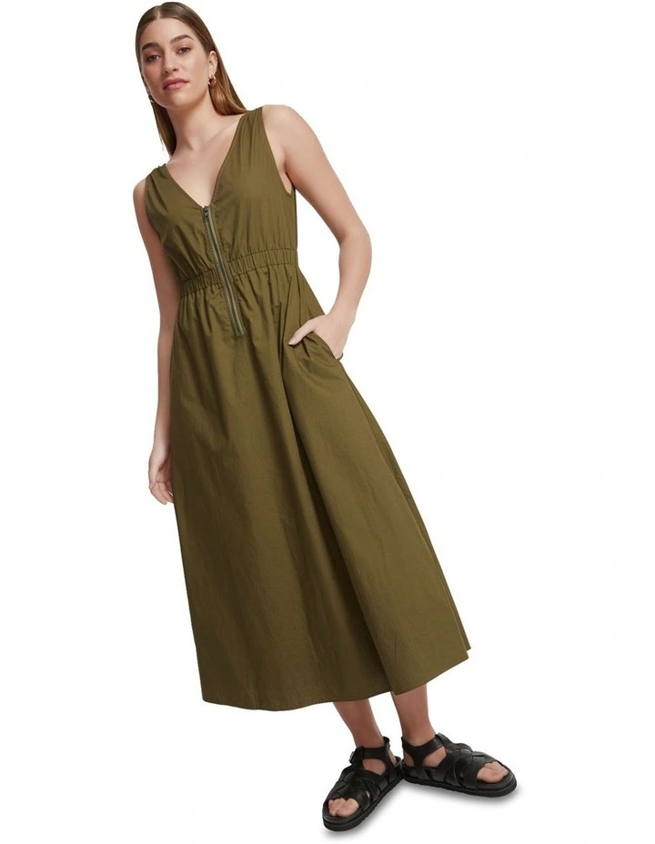 Leona Zip Up Cotton Dress in Olive image 4