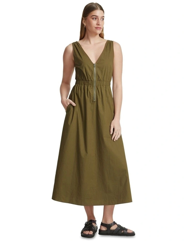 Leona Zip Up Cotton Dress in Olive image 5