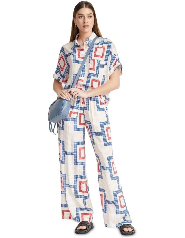 Jasmine Geo Print Short Sleeve Shirt in Blue/Red/Nude image 1