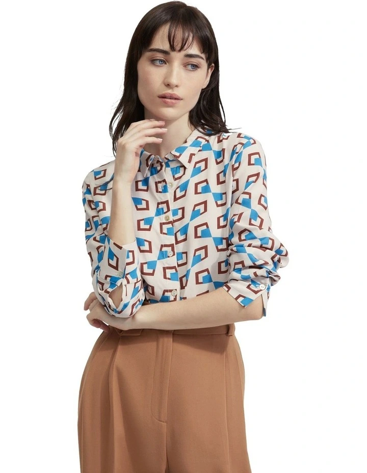 Poppy Geo Print Shirt in Nude/Blue image 5