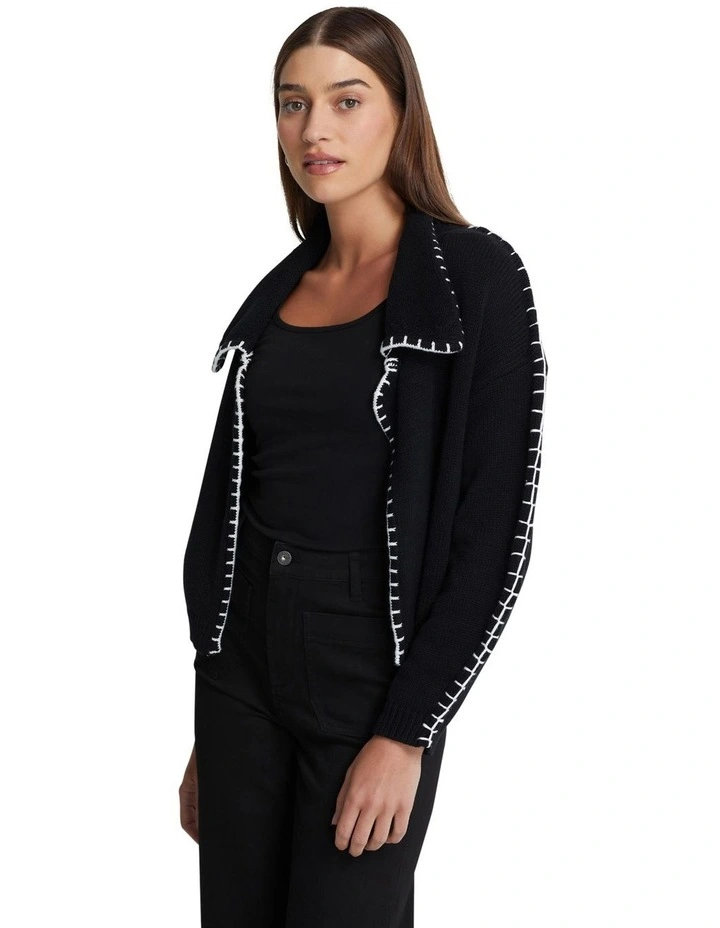 Claudine Cotton Cardigan in Black/Ivory image 2