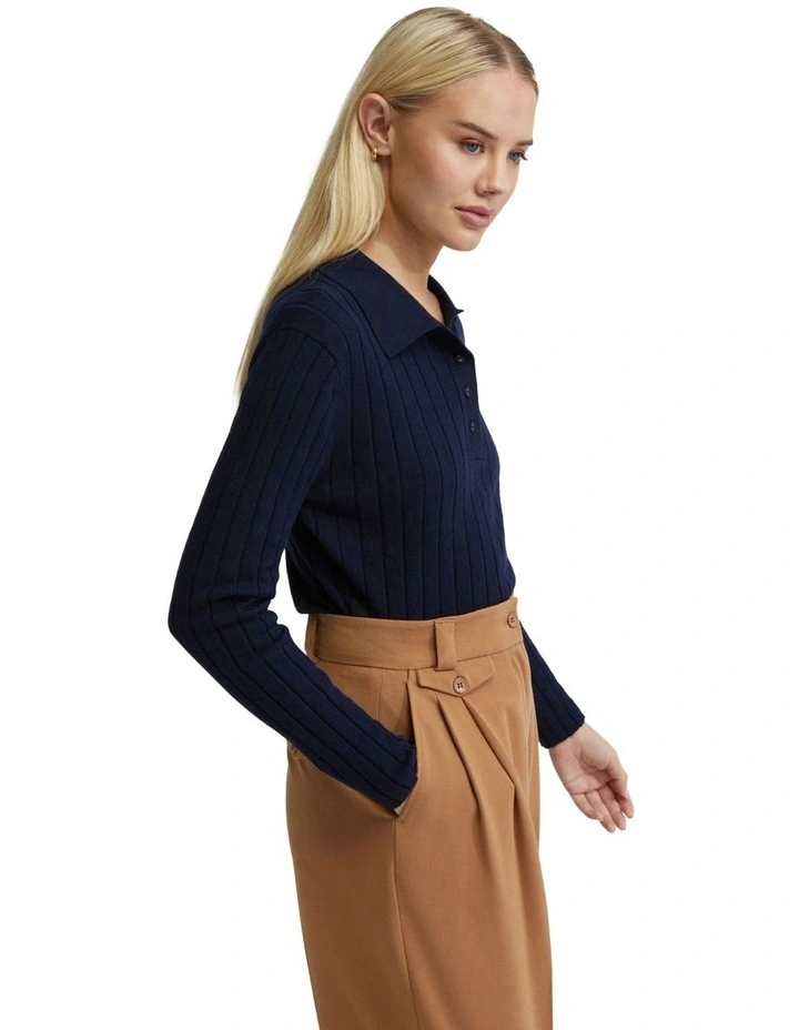 Rachel Cashmere Blend Rib Knit Polo in Navy image 2