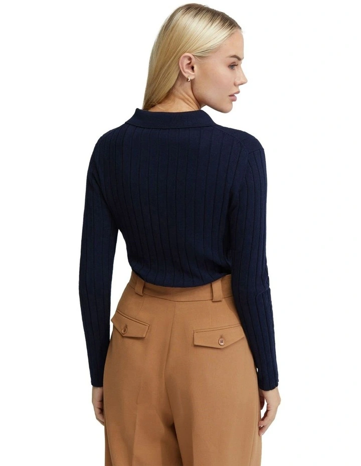 Rachel Cashmere Blend Rib Knit Polo in Navy image 3