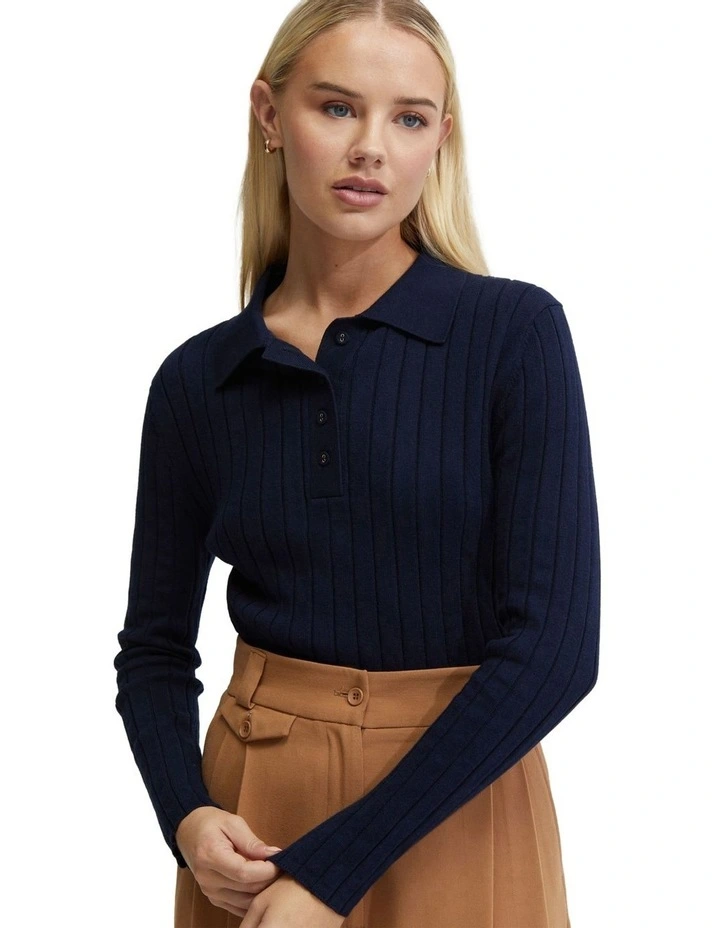 Rachel Cashmere Blend Rib Knit Polo in Navy image 4