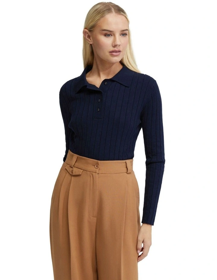 Rachel Cashmere Blend Rib Knit Polo in Navy image 5