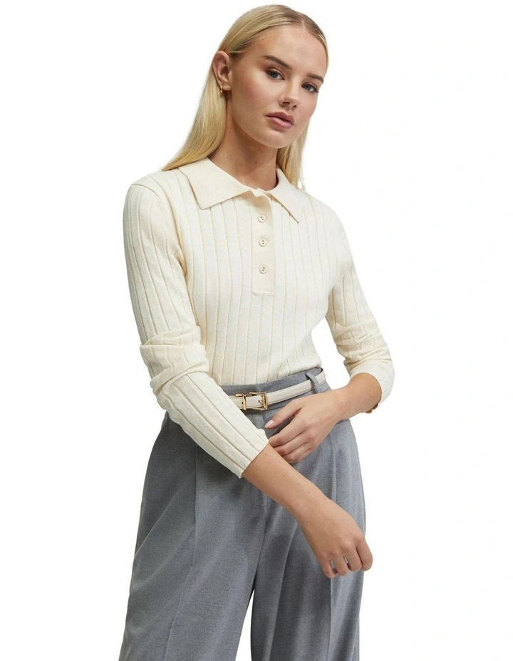 Rachel Cashmere Blend Rib Knit Polo in Ecru image 4