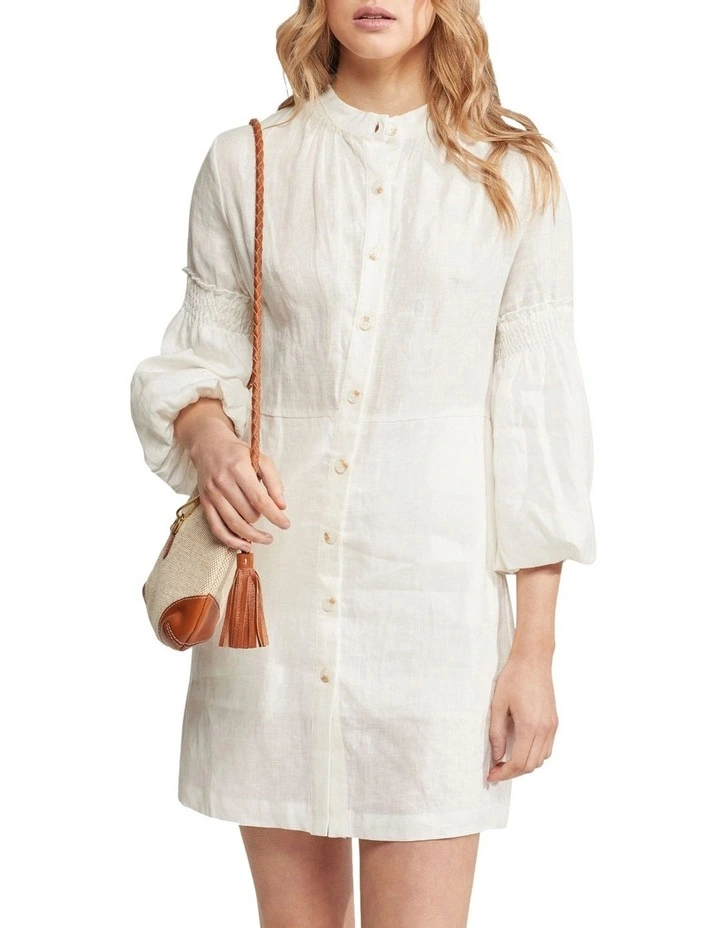 Kiana Balloon Sleeve Linen Dress in White image 1