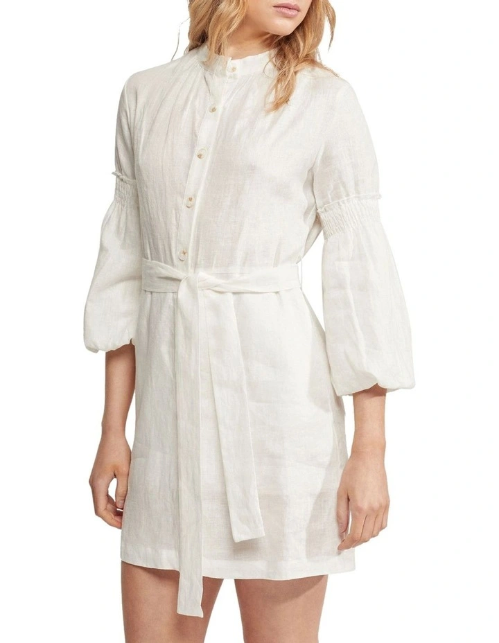 Kiana Balloon Sleeve Linen Dress in White image 2
