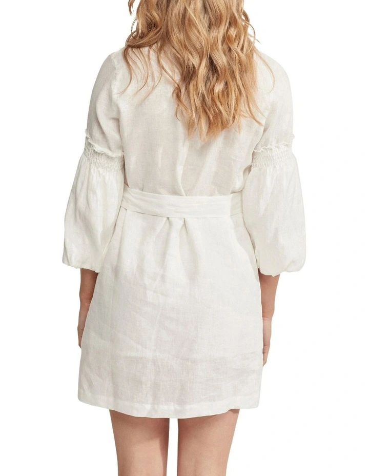 Kiana Balloon Sleeve Linen Dress in White image 3