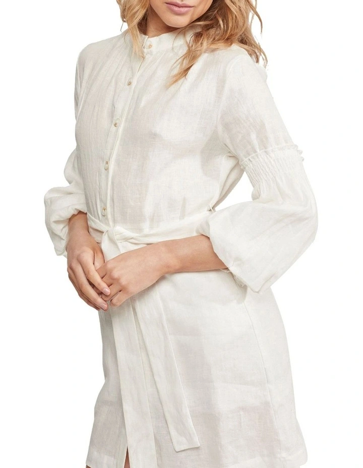 Kiana Balloon Sleeve Linen Dress in White image 4