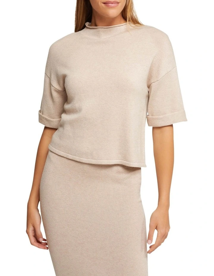 Kelly Crop Sleeve Knitted Top in Brown image 1