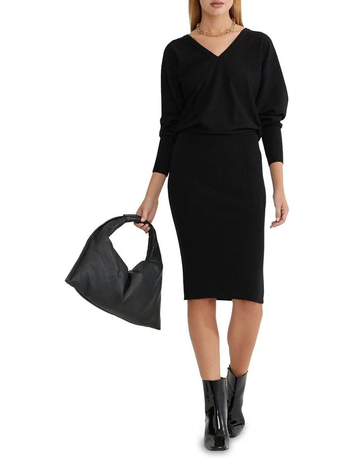 Francesca V-Neck Rib Knitted Dress in Black image 1