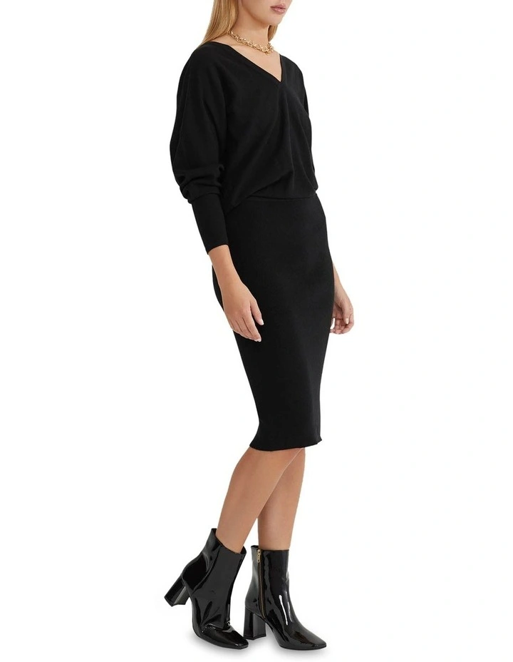 Francesca V-Neck Rib Knitted Dress in Black image 2