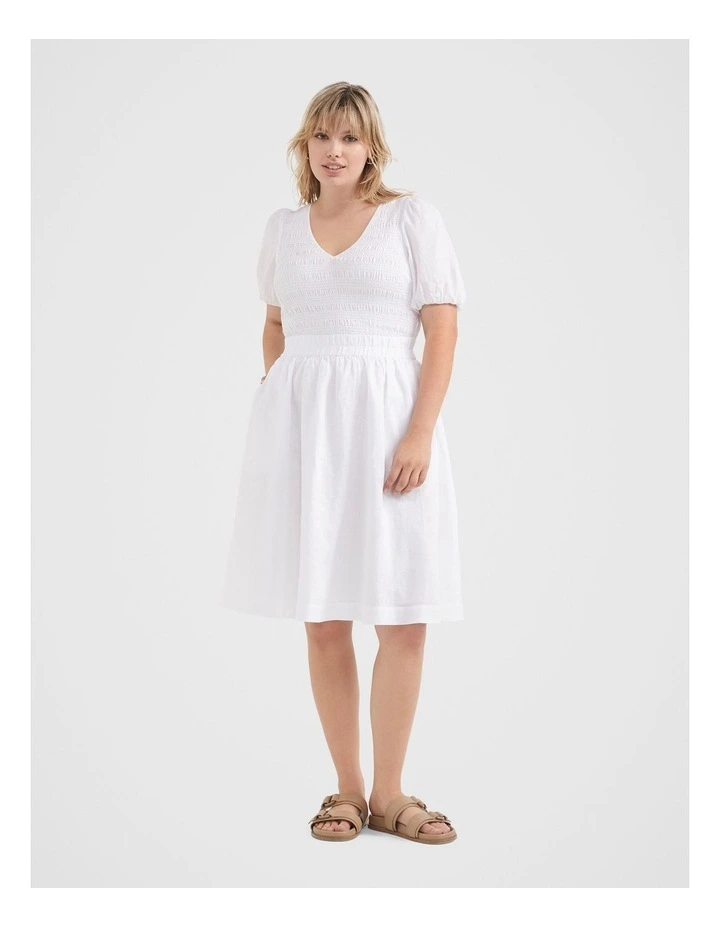 The Shirred Bodice V-neck Dress in White image 1