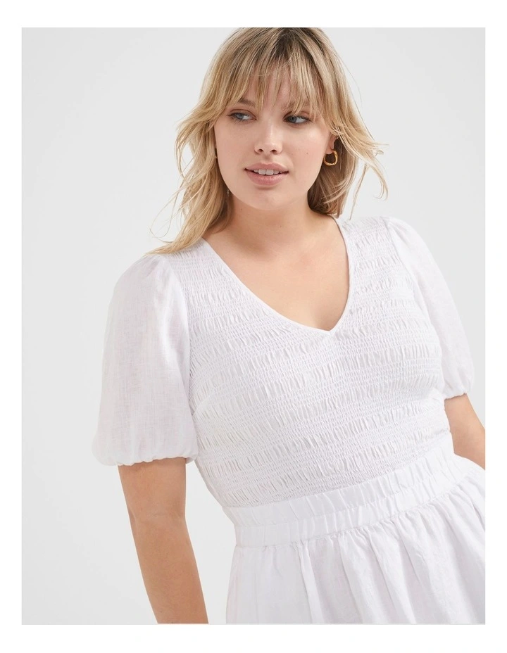 The Shirred Bodice V-neck Dress in White image 2