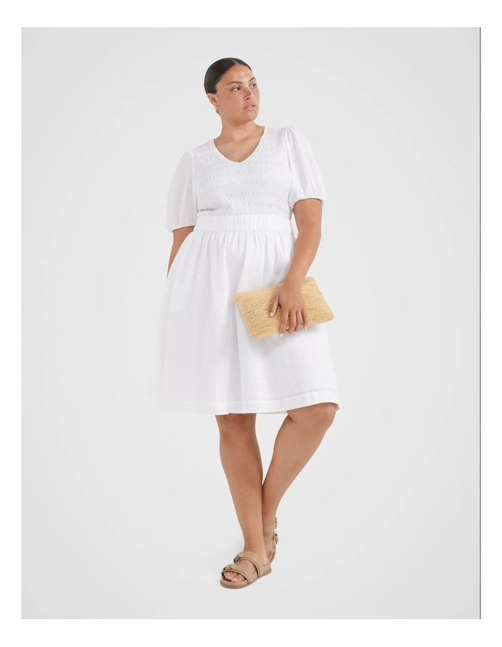 The Shirred Bodice V-neck Dress in White image 3