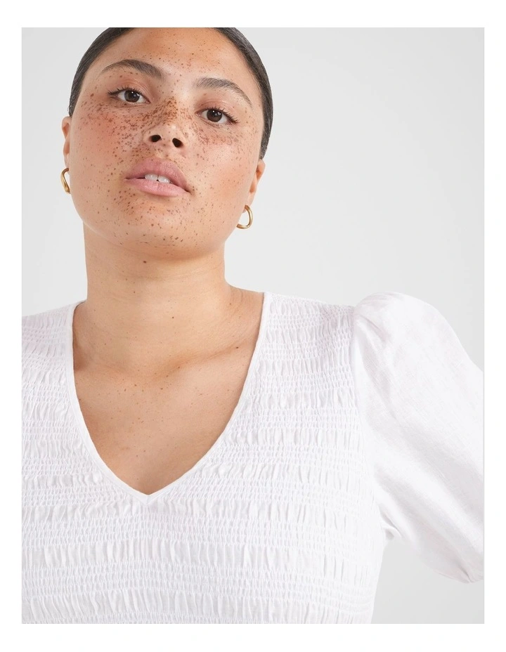 The Shirred Bodice V-neck Dress in White image 4