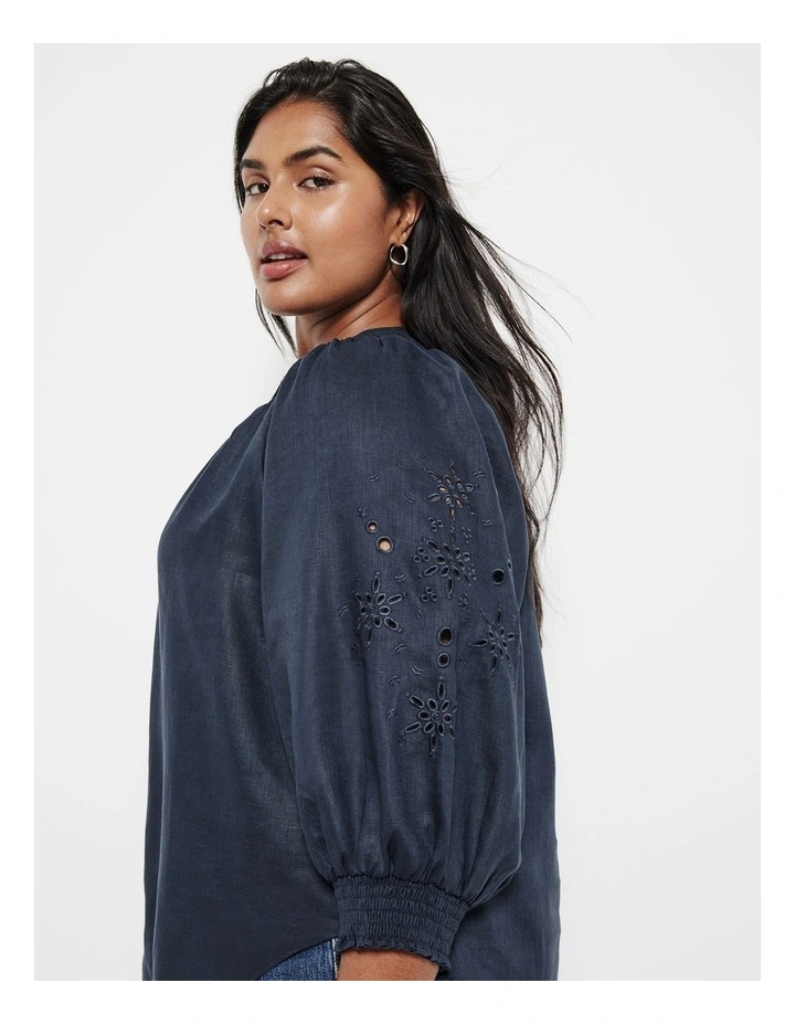 The Broderie Linen Top in French Navy image 1