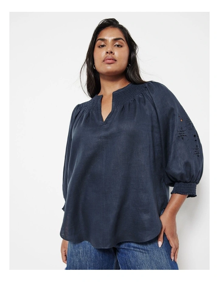 The Broderie Linen Top in French Navy image 2