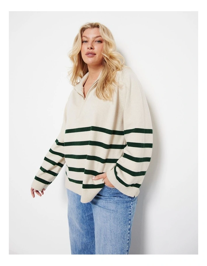 The Long Sleeve Zip Polo Shirt in Dark Green Stripe image 1