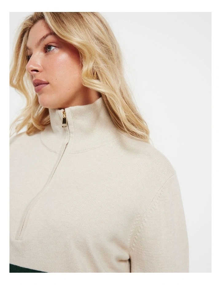 The Long Sleeve Zip Polo Shirt in Dark Green Stripe image 3