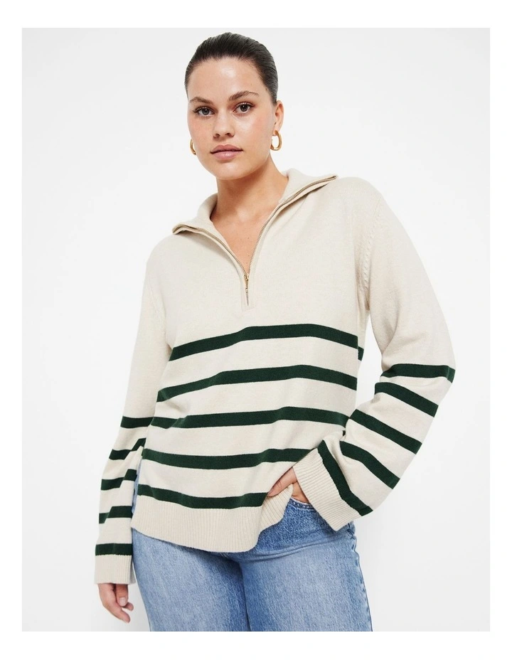 The Long Sleeve Zip Polo Shirt in Dark Green Stripe image 5