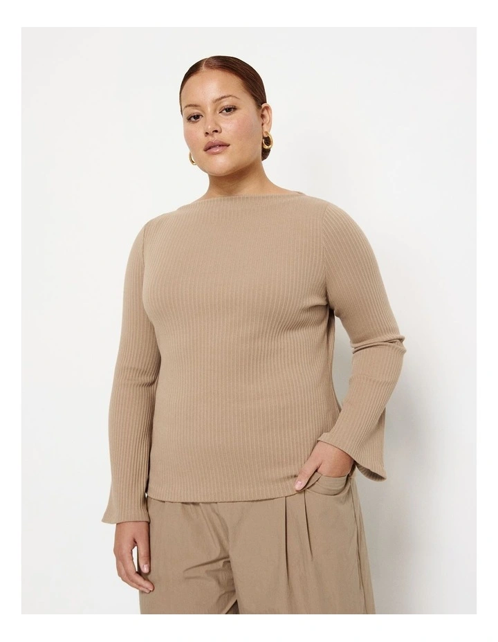 Long Sleeve Rib Top in Camel image 1
