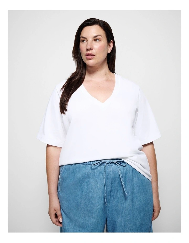 Cotton V Neck T-shirt in White image 1