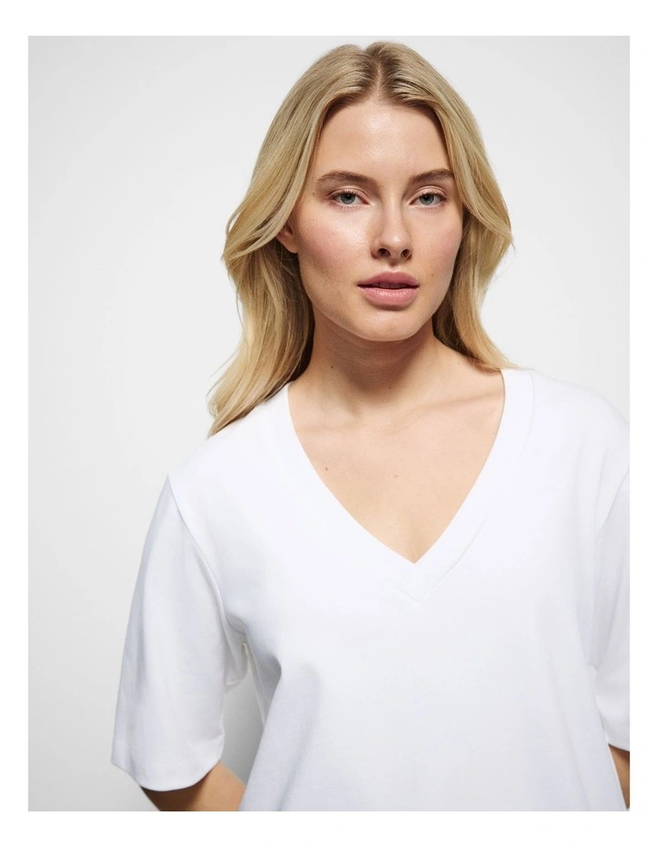 Cotton V Neck T-shirt in White image 6