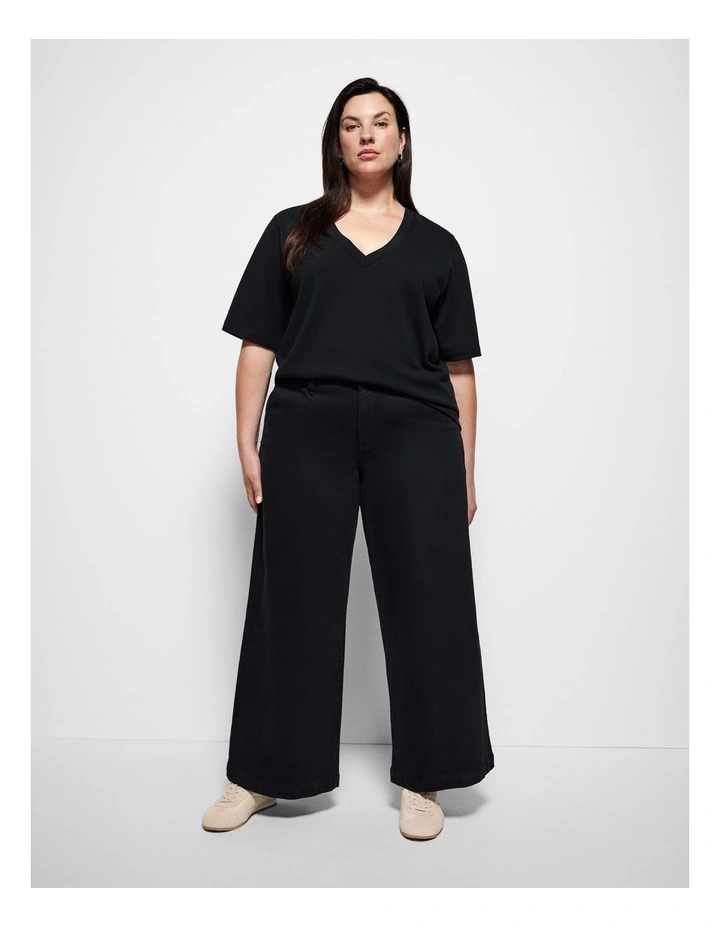 Cotton V Neck T-shirt in Black image 3