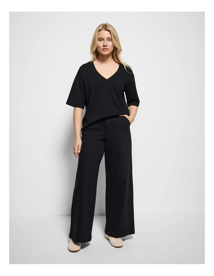 Cotton V Neck T-shirt in Black image 7