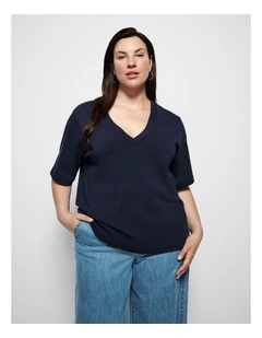 Cotton V Neck T-shirt in Navy