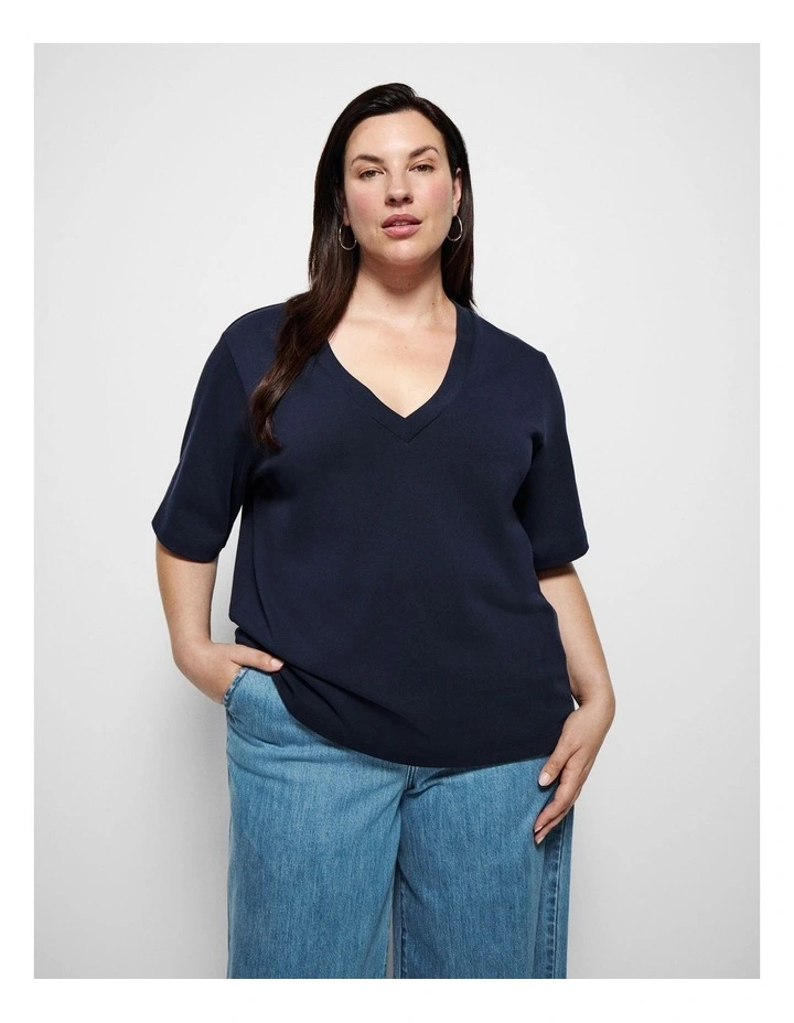 Cotton V Neck T-shirt in Navy image 1