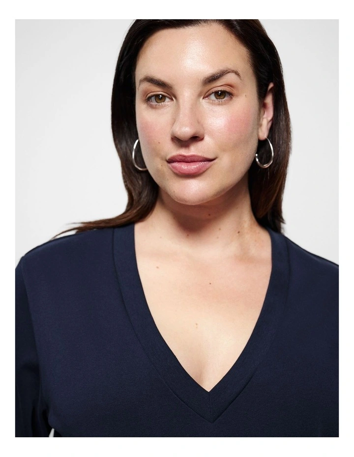 Cotton V Neck T-shirt in Navy image 2