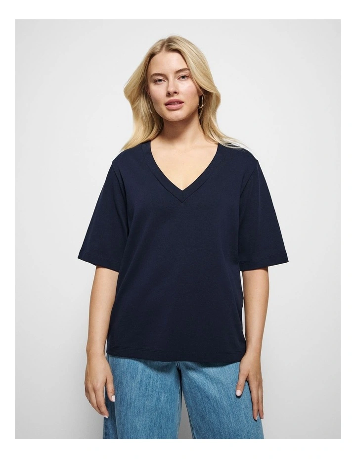 Cotton V Neck T-shirt in Navy image 5