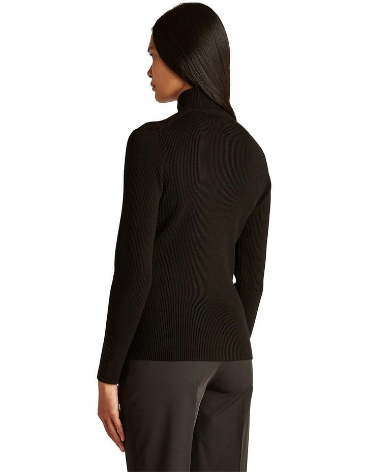 Stretch Merino Zip Turtleneck Jumper in Black image 2