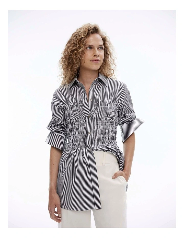 Cotton Stripe Shirred Shirt in Onyx image 1