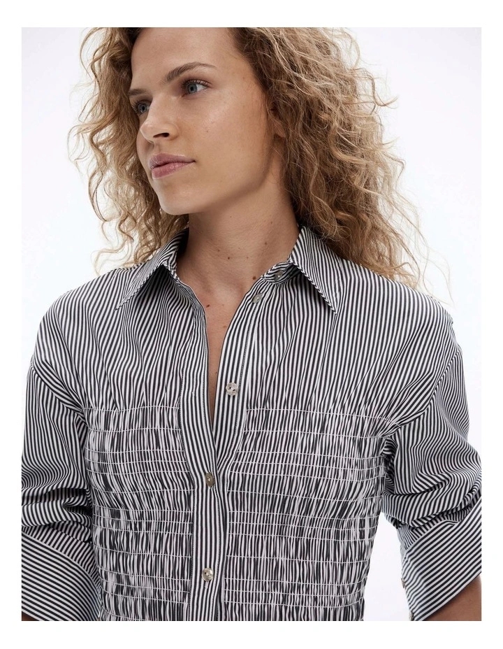 Cotton Stripe Shirred Shirt in Onyx image 4