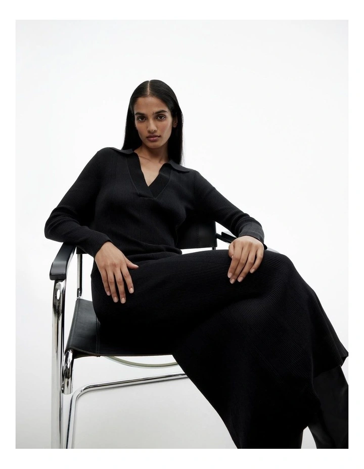 Crepe Henley Knit Dress in Black image 3
