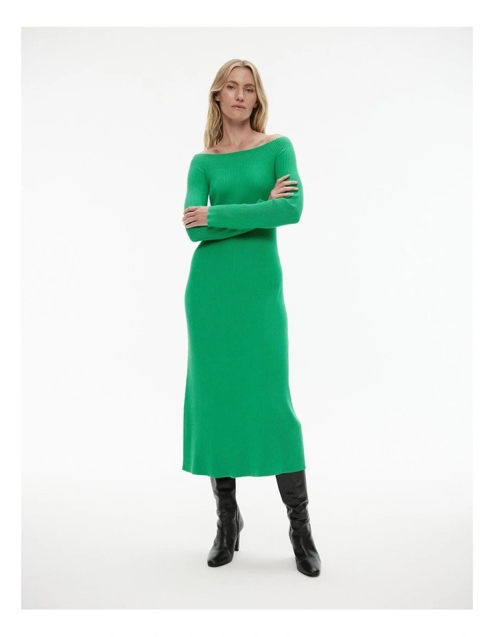 Off Shoulder Knit Dress in Leaf Green image 3