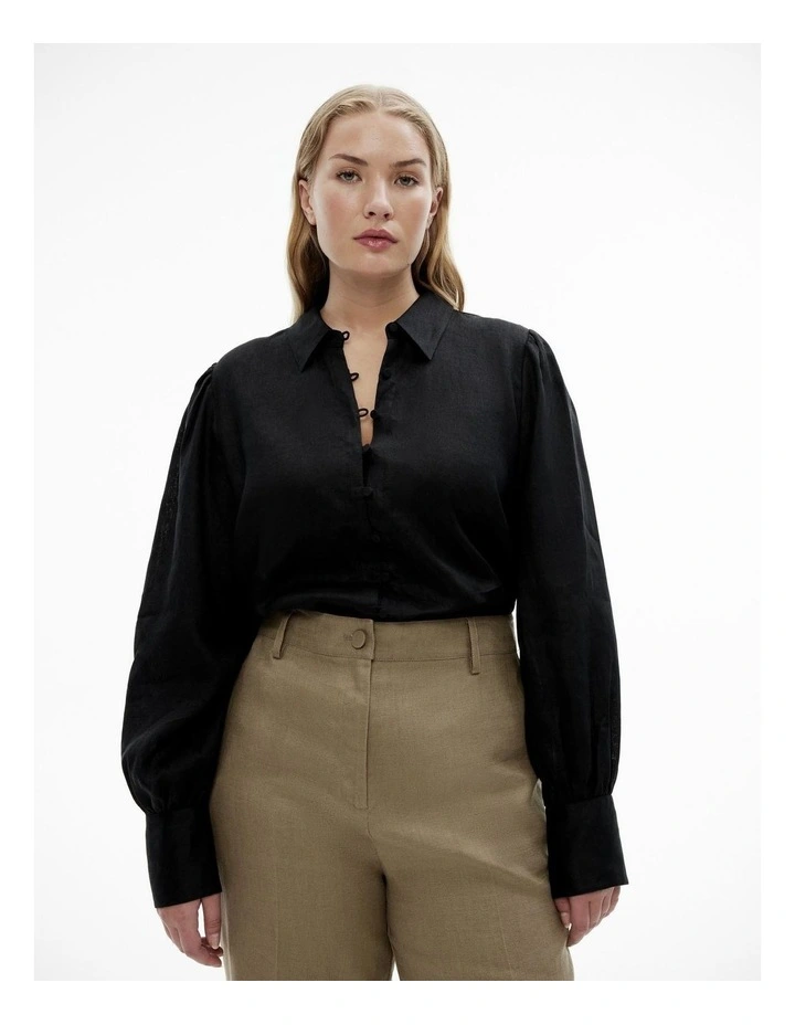 French Linen Volume Sleeve Shirt in Black image 1