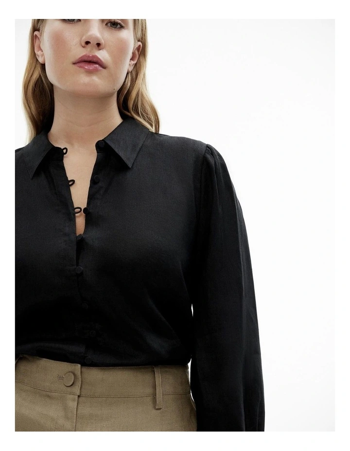 French Linen Volume Sleeve Shirt in Black image 2