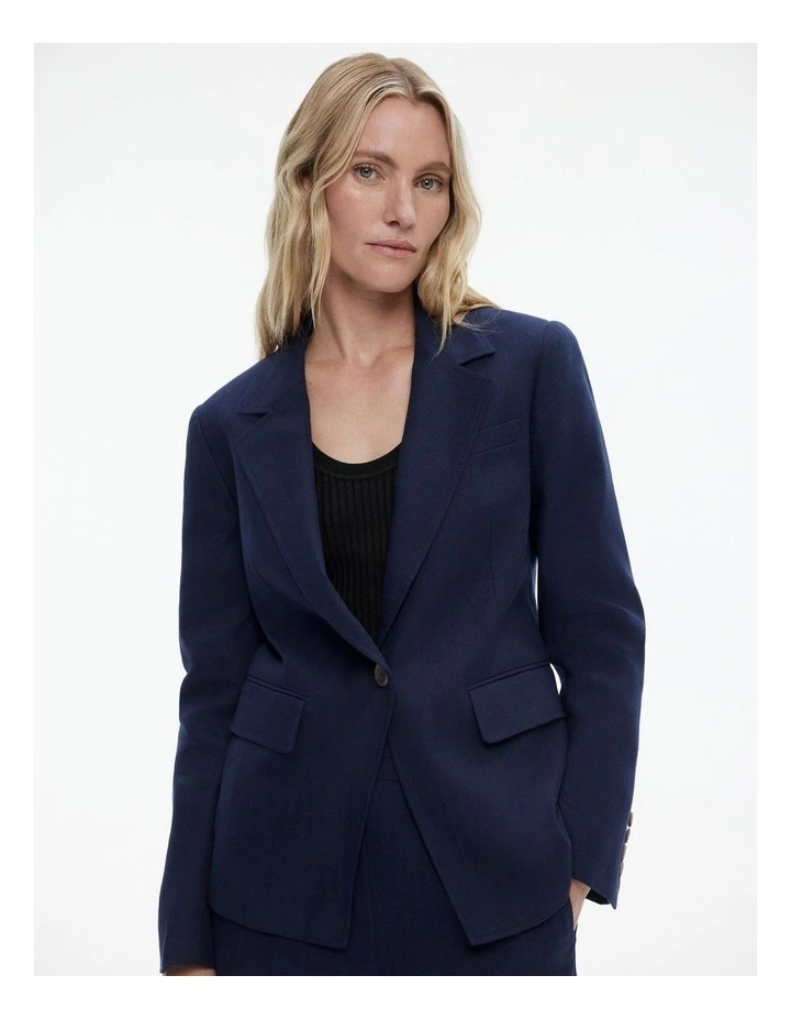 Witchery Cotton Linen Single-breasted Blazer in Blue Night MYER