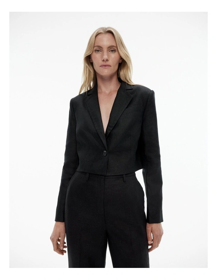 Linen Single-breasted Cropped Blazer in Black image 1