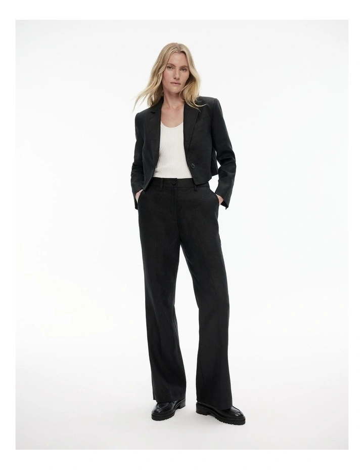 Linen Single-breasted Cropped Blazer in Black image 2
