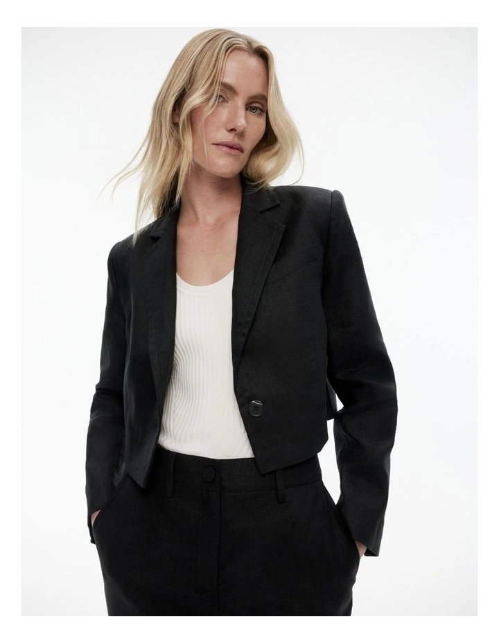 Linen Single-breasted Cropped Blazer in Black image 3