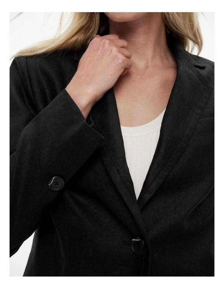 Linen Single-breasted Cropped Blazer in Black image 4