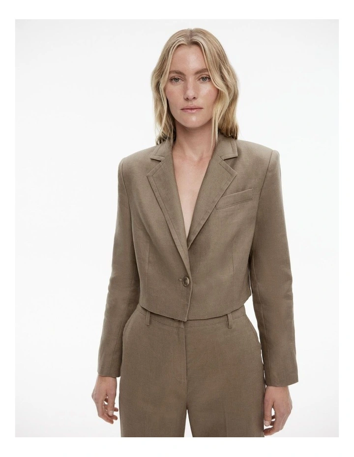 Linen Single-breasted Cropped Blazer in Washed Green image 3